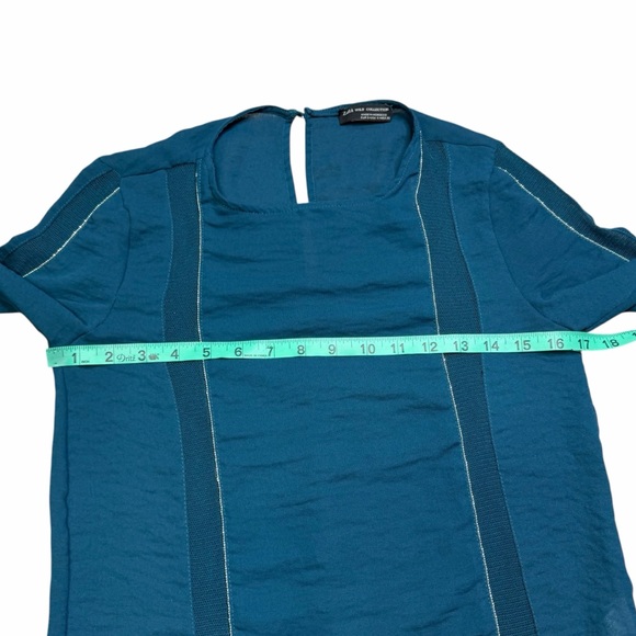 Zara W&B Collection Teal Sheer Mesh Panel Keyhole Back 3/4 Sleeve Blouse - Small - Picture 12 of 16